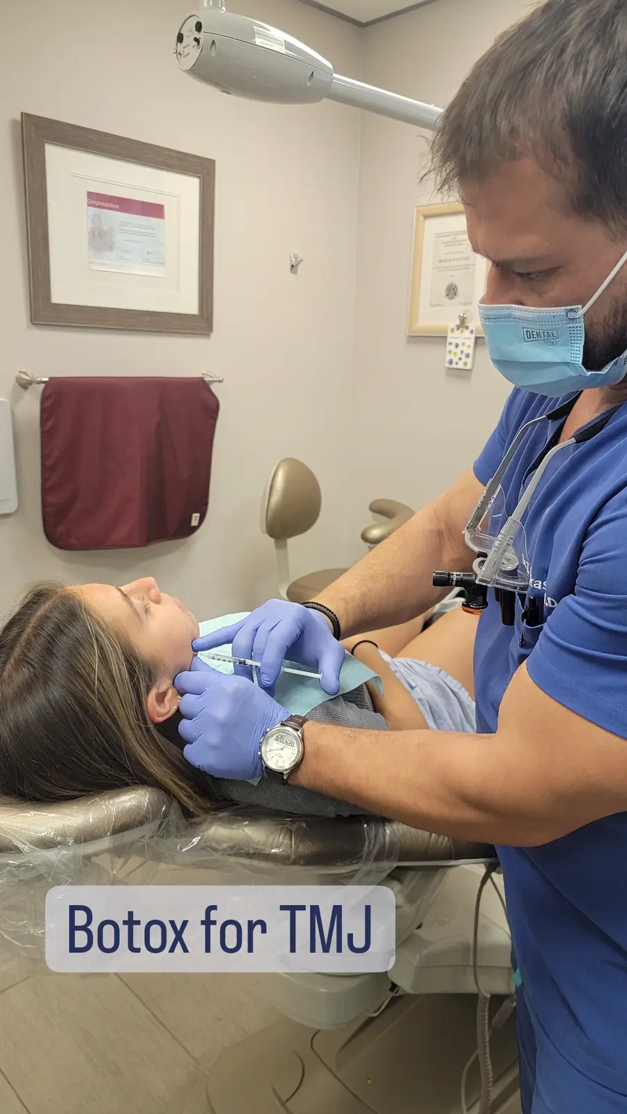 Dr. Thanasi Loukas performing a Botox injection for TMJ into the masseter muscle at Loukas Dentistry in Park Ridge, IL