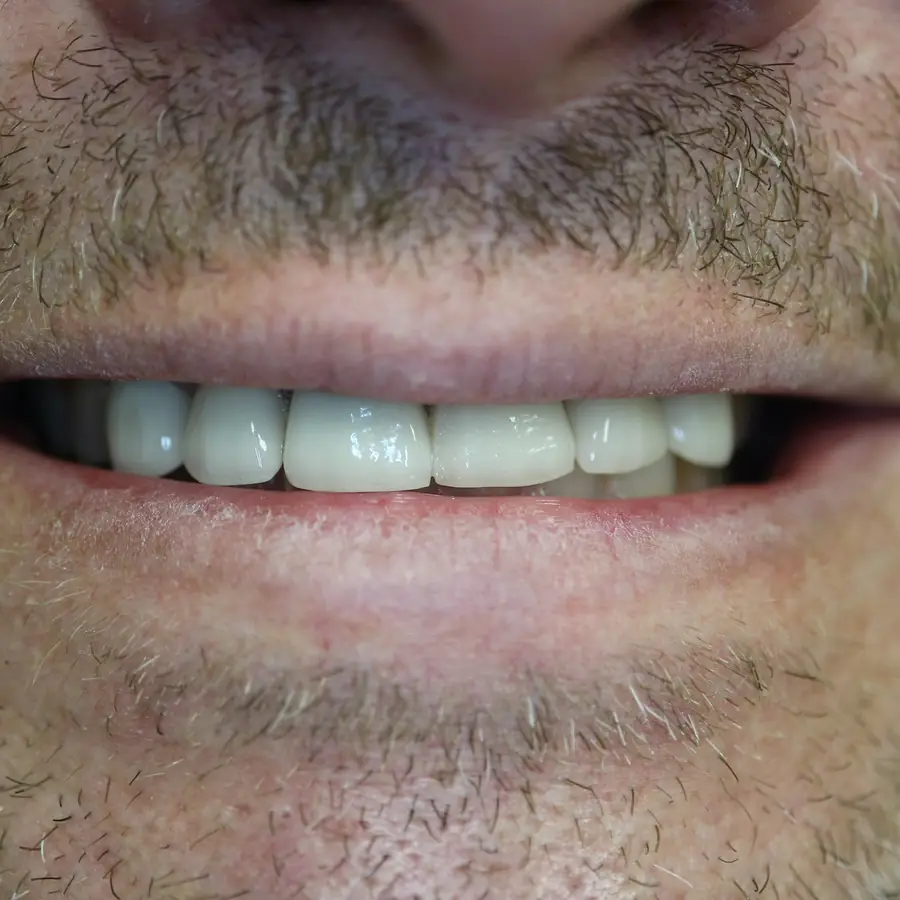 Front teeth after esthetic porcelain crowns at Loukas Dentistry in Park Ridge, IL