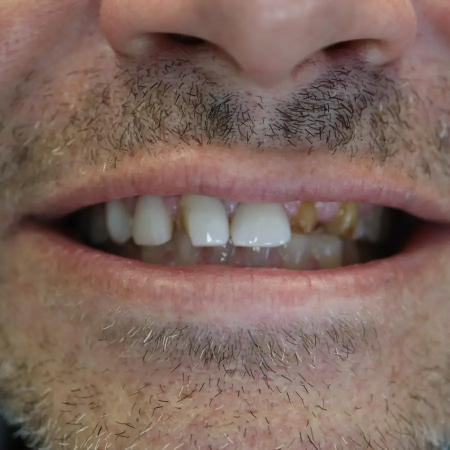 Front teeth before esthetic porcelain crowns at Loukas Dentistry in Park Ridge, IL