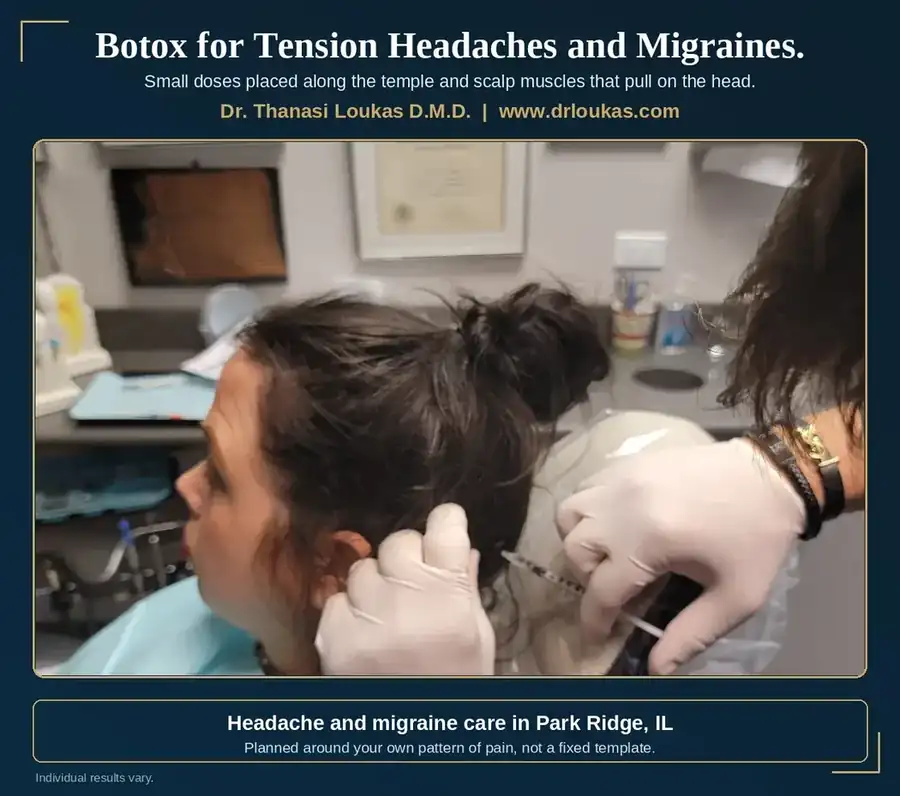 Dr. Loukas placing a Botox injection at the temple to treat migraines and tension headaches, Park Ridge, IL