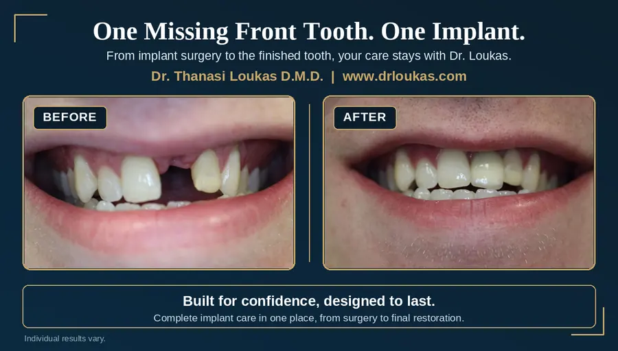 Before and after photo of a missing upper front tooth replaced with a dental implant and crown, Loukas Dentistry of Park Ridge, Illinois