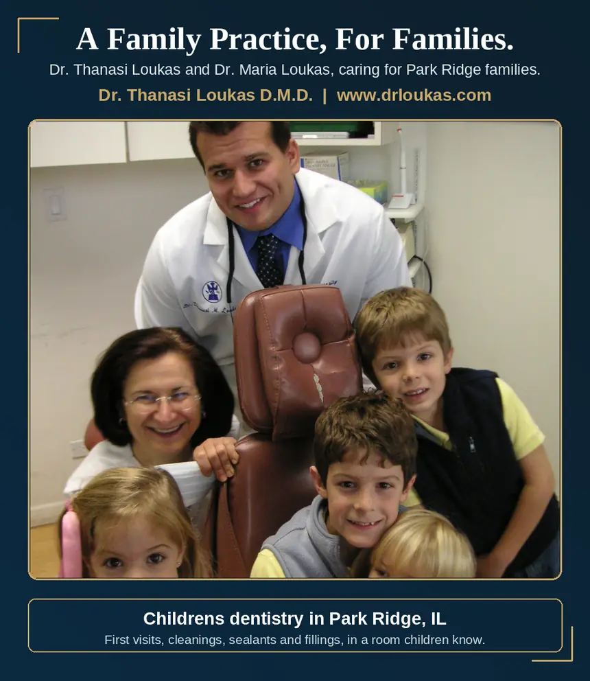 A child and parent with Dr. Loukas in the treatment room at Loukas Dentistry of Park Ridge, IL
