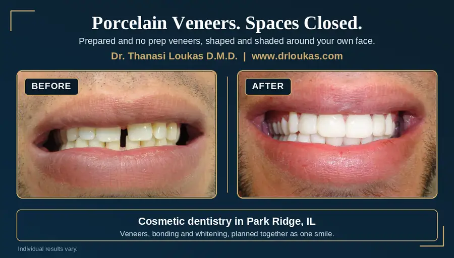 Before and after photo of porcelain veneers closing the spaces between the upper front teeth, Loukas Dentistry of Park Ridge, Illinois