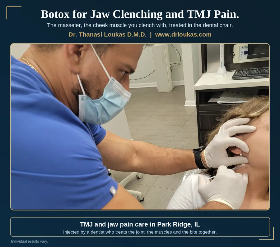 Dr. Thanasi Loukas injecting Botox into the masseter muscle to relieve TMJ and jaw clenching pain at Loukas Dentistry of Park Ridge, Illinois