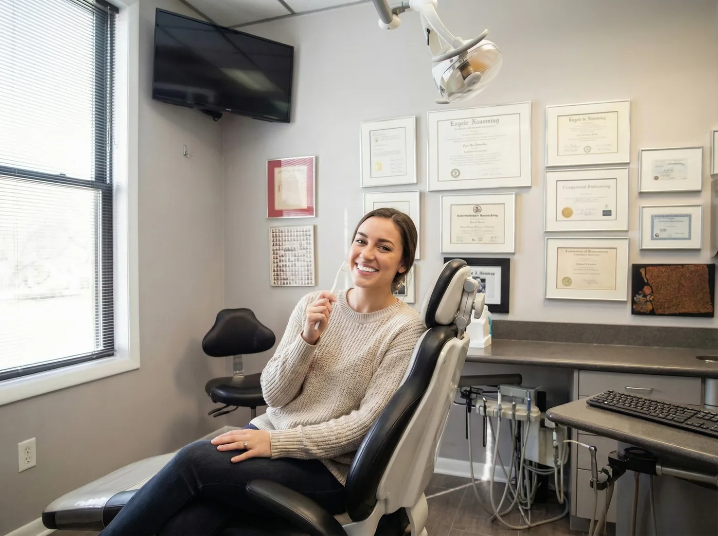 Brushing technique demonstrated along the gumline in the treatment room at Loukas Dentistry of Park Ridge, IL